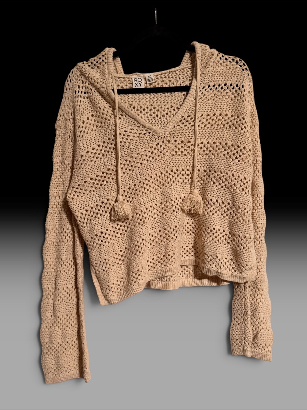 Roxy Women's Open-Knit V-Neck Hooded Sweater in Beige